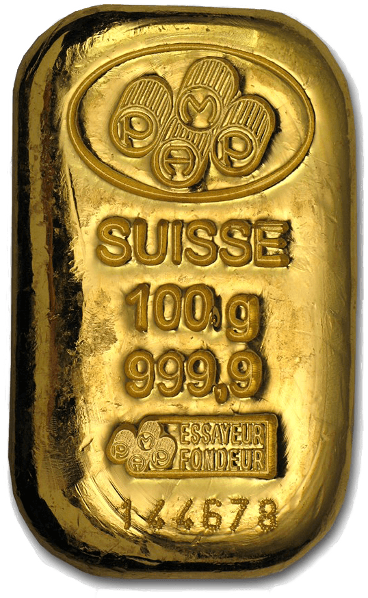 100 gram gold bars Pamp Suisse Cast 9999