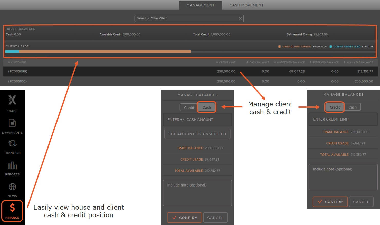 Cash & Credit Management Screens for Bullion Accounts