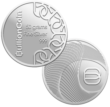 Front and back of a silver 50 gram BullionCoin